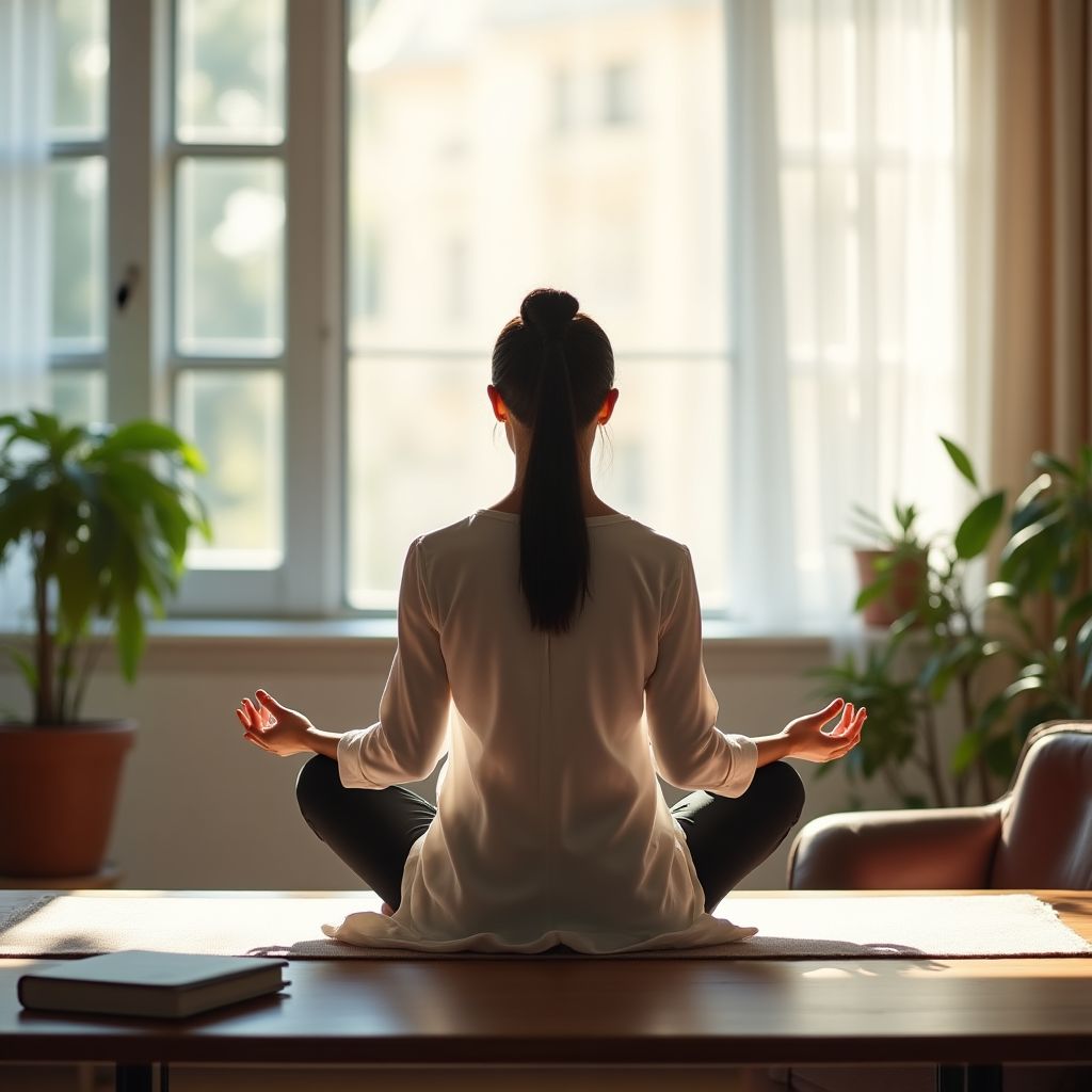 Pessoa meditando representando equilíbrio entre finanças e bem-estar