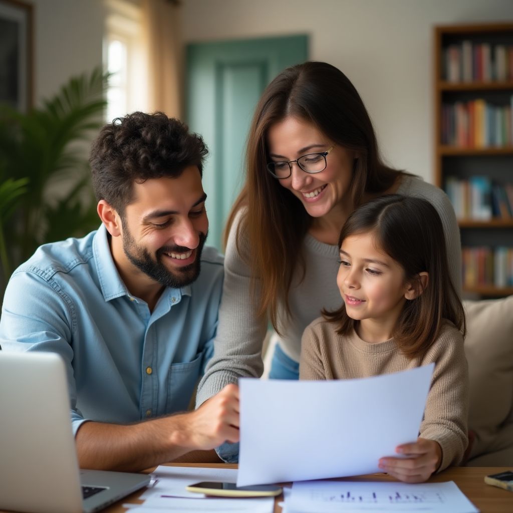 Família discutindo plano financeiro em casa